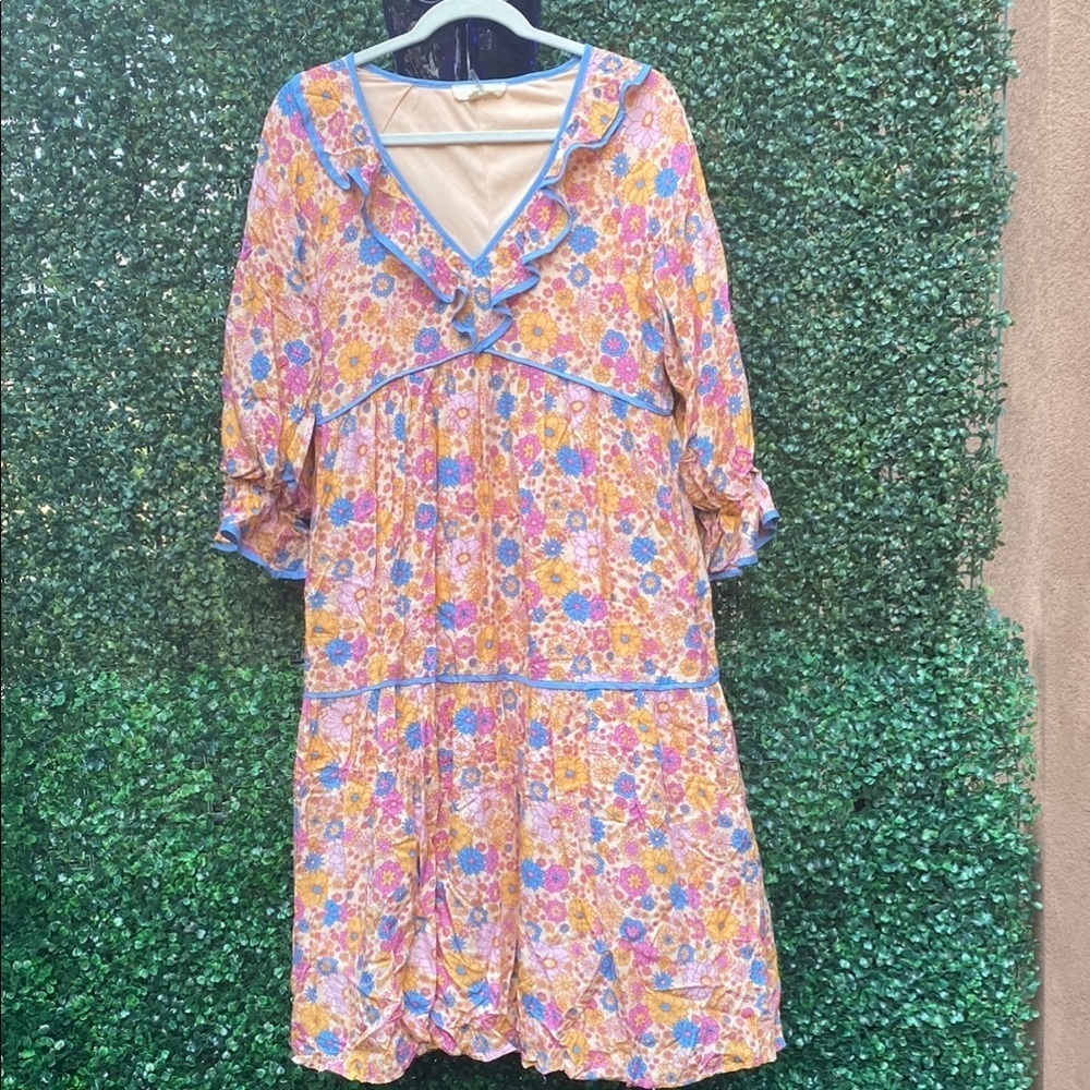 Entro Floral V-Neck Dress with Blue Trim